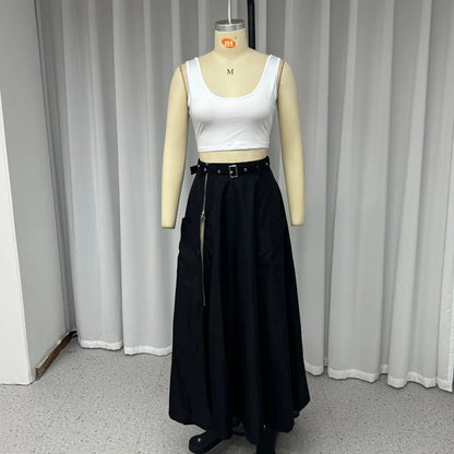 2 Piece Women's Solid Round Neck Sleeveless High Waist Vest Slim Top Loose With Pockets Zipper Long Skirt Matching Outfit Sets - The Clothing Company Sydney