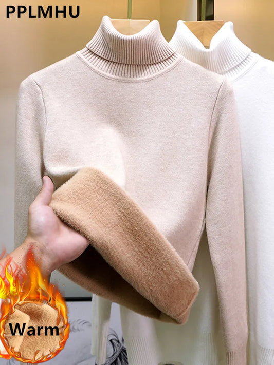 Ladies Turtleneck Winter Sweater Women Elegant Thick Velvet Lined Warm Knitted Pullover Slim Tops Jersey Knitwear Jumper The Clothing Company Sydney