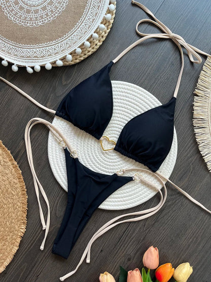 Halter Solid color Bikini Set Women's Swimsuit Two piece Triangle Thong Swimwear Bathing Suit The Clothing Company Sydney