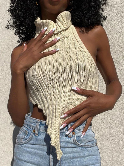 Fashion Knitted Turtleneck Crop Tops for Women Summer Sleeveless Backless Tanks Cropped Party Club Top The Clothing Company Sydney