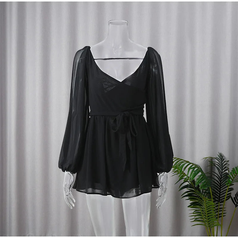Green Pleated Mini Elegant V-neck Split Long Sleeve A-line Summer Lady Solid Backless Lace Up Dress - The Clothing Company Sydney