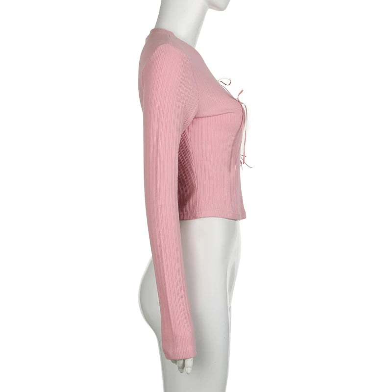 Sweet Bow Knit Spring Top Long Sleeve Pink Bow Women's T Shirts Clothes Basic Outfits - The Clothing Company Sydney