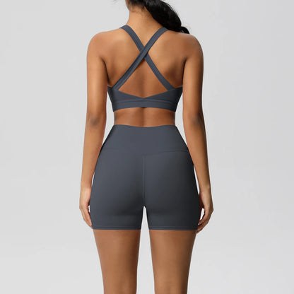 2 Piece Sportswear Pocketed Yoga Set Gym Clothes Yoga Suits Womens Sports Shorts Crossover Bra Gym Leggings Bike Shorts Set The Clothing Company Sydney