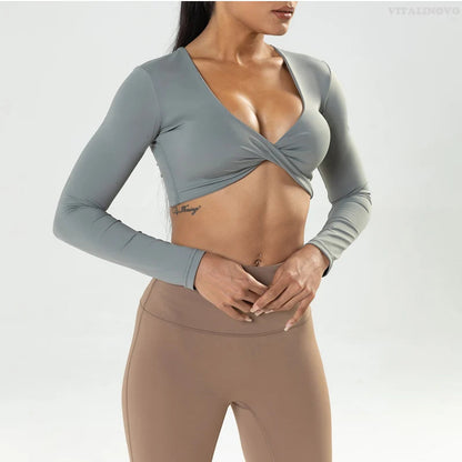 Long Sleeve Gym Crop Tops for Women Twist Deep V Workout Crop T Shirt Top Quick Dry Padded Sports Fitness Yoga Top The Clothing Company Sydney