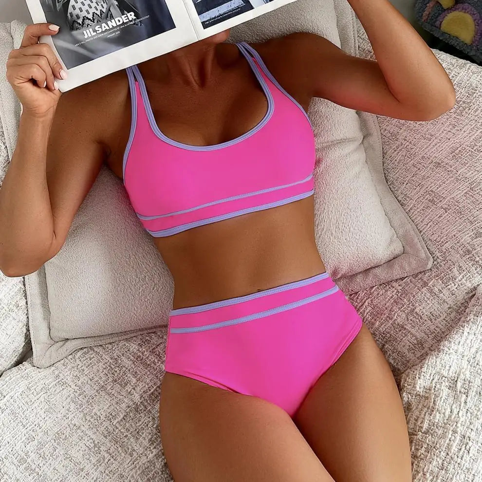 2 Piece Vintage Hot Pink Patchwork Bikini Set Summer Push Up Bra High Waist Swimsuit Beach Bathing Suit Two Piece Swimwear - The Clothing Company Sydney