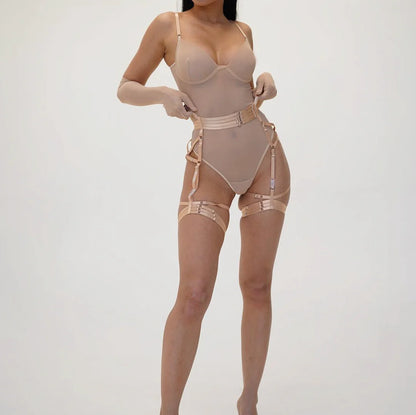 Tight Fitting Lace Bodysuit With Gloves Garter Night Club Outfit Mesh Top Lingerie Set - The Clothing Company Sydney