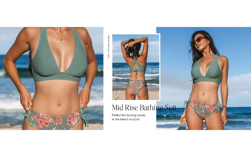 2 Piece Split Swimsuit Bikini 2 Piece Set Deep V Neck Triangle Side Bandage Bikini Set The Clothing Company Sydney