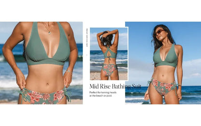 2 Piece Split Swimsuit Bikini 2 Piece Set Deep V Neck Triangle Side Bandage Bikini Set The Clothing Company Sydney