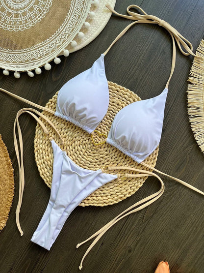 Halter Solid color Bikini Set Women's Swimsuit Two piece Triangle Thong Swimwear Bathing Suit The Clothing Company Sydney