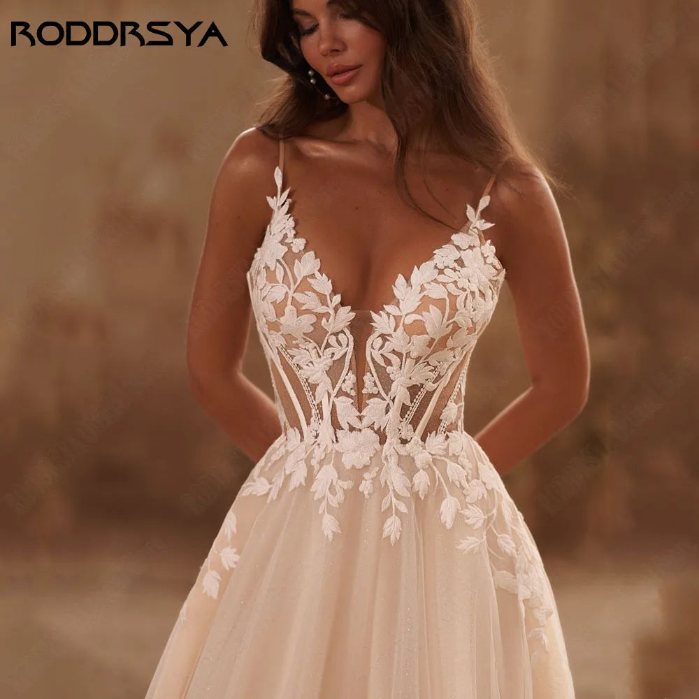 Spaghetti Straps Glitter V-Neck Applique Backless Boho Sweep Train Customized Wedding Dress The Clothing Company Sydney