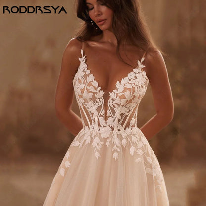 Spaghetti Straps Glitter V-Neck Applique Backless Boho Sweep Train Customized Wedding Dress The Clothing Company Sydney