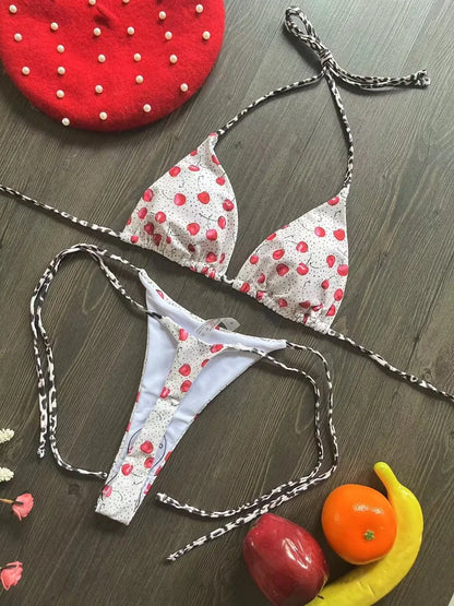Swimwear Cherry Print Thong Bikini Set Thong Swimsuit Two Piece Bathing Suit Beach Wear The Clothing Company Sydney