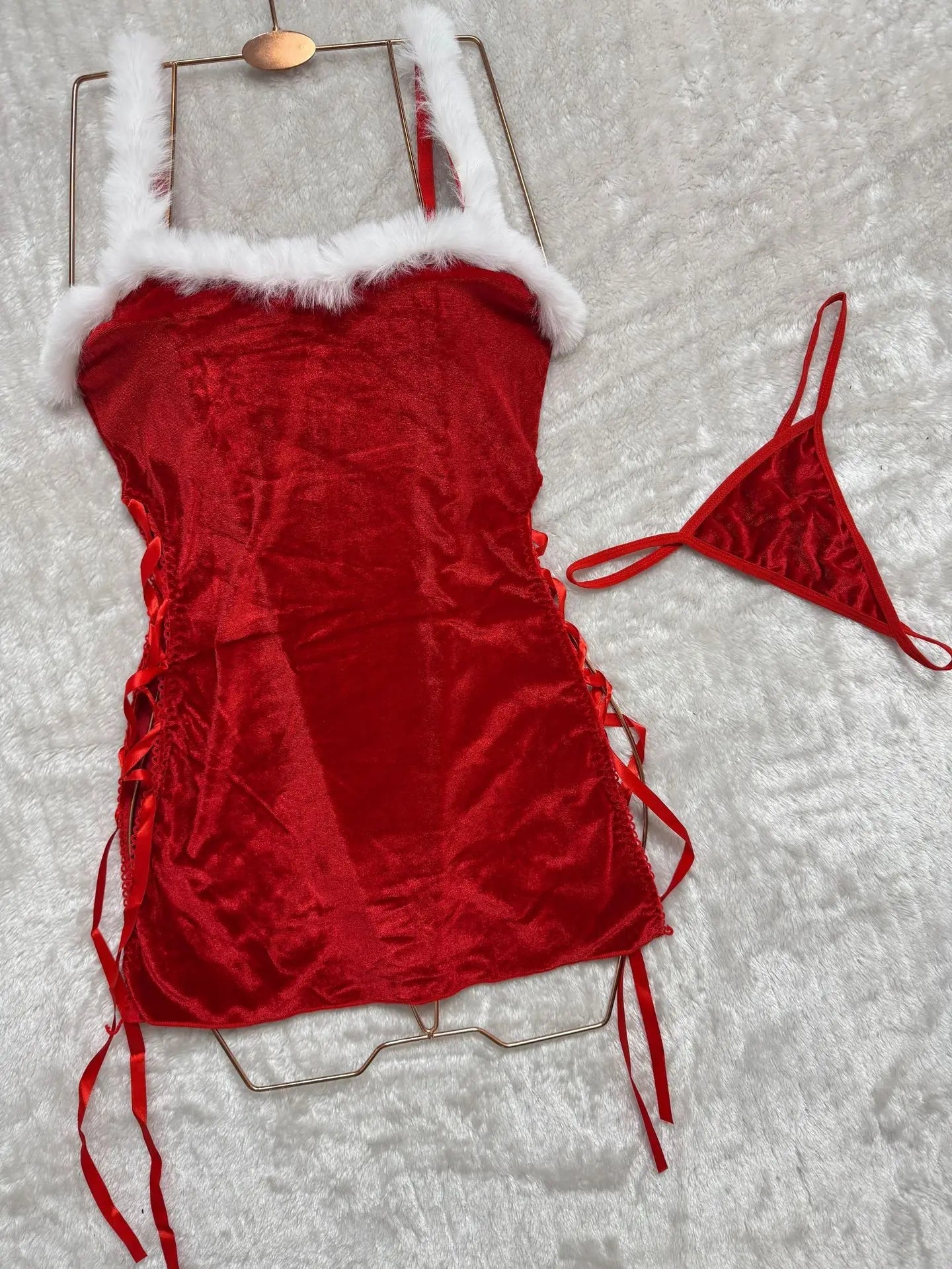 Womens Xmas Dresses Fluffy Velvet Dress Thong 2 Piece Set Sparkling Red Split Strap Up Elegant Party Cosplay Christmas Costume The Clothing Company Sydney