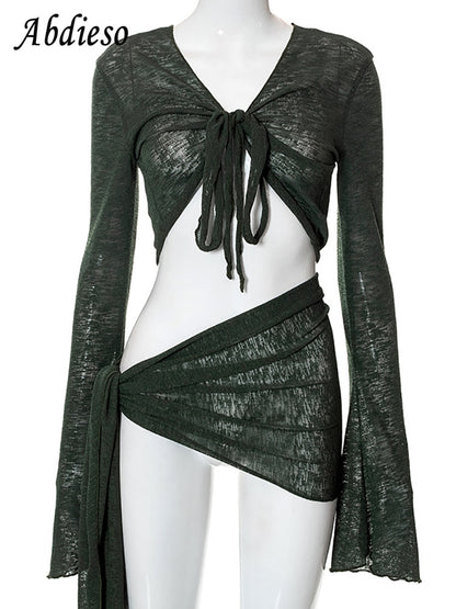 Green Summer Sexy Beach Dress Sets Women See Through Outfits White Long Sleeve Crop Top and Mini Skirt 2 Piece Set The Clothing Company Sydney