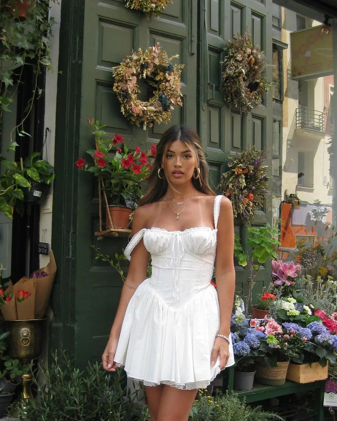 Summer Lace Floral Patchwork Corset Mini Sleeveless Square Neck Tie-up Short A-line Flowy Party Dress - The Clothing Company Sydney