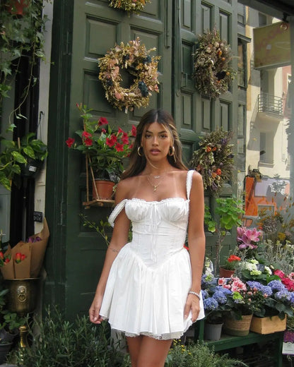 Summer Lace Floral Patchwork Corset Mini Sleeveless Square Neck Tie-up Short A-line Flowy Party Dress - The Clothing Company Sydney