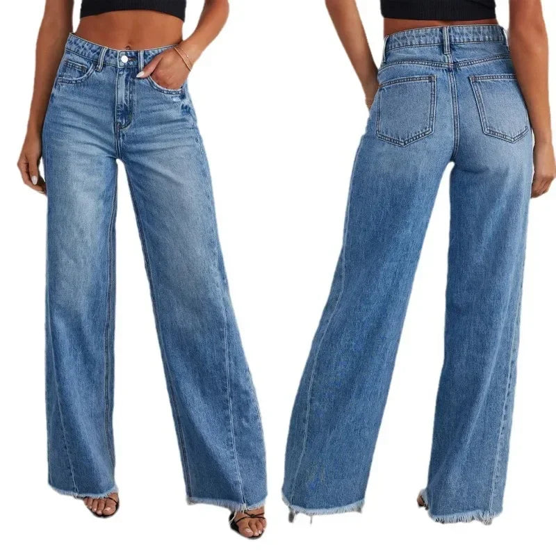 Spring Summer Women's Clothing Solid Color Loose Wide Leg Side Seam Stitching Frayed Hem Jeans The Clothing Company Sydney