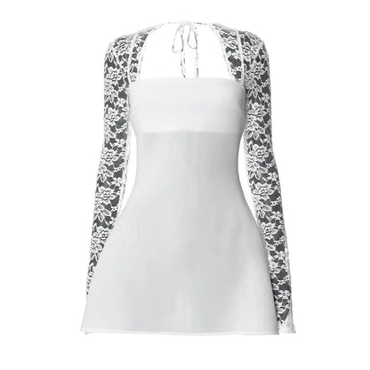 Lace Patchwork Waist Wrap A-line Mini Autumn Winter Dress Backless Club Party Evening Dresses - The Clothing Company Sydney