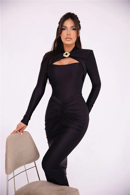 Hollow Out Long Sleeve Maxi Dress Gown Autumn Winter New Metal Buckle Ruched Slit Long Elegant Dress - The Clothing Company Sydney
