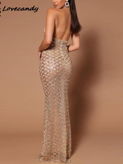Backless Halter Dress Diamond Sleeveless Solid Long Robe Ladies Fashion Gauze Perspective Evening Party Dresses The Clothing Company Sydney