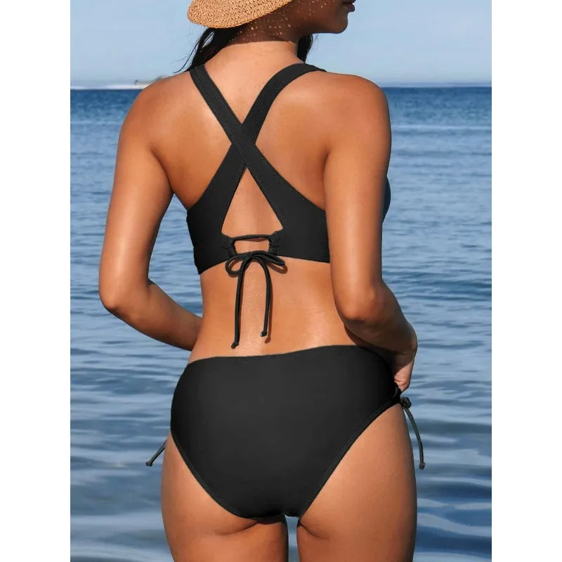 2 Piece Split Swimsuit Bikini 2 Piece Set Deep V Neck Triangle Side Bandage Bikini Set The Clothing Company Sydney