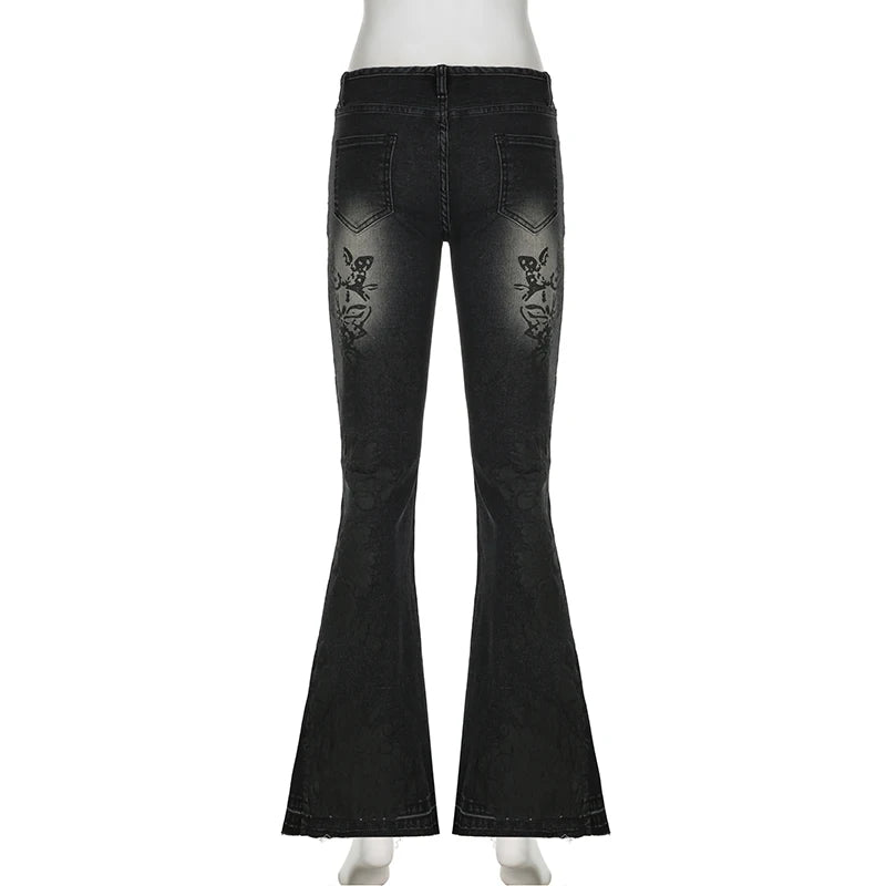 Vintage Floral Skinny Flare Jeans Denim Low Rise Y2K Chic Women's Trousers Distressed Gothic Pants The Clothing Company Sydney