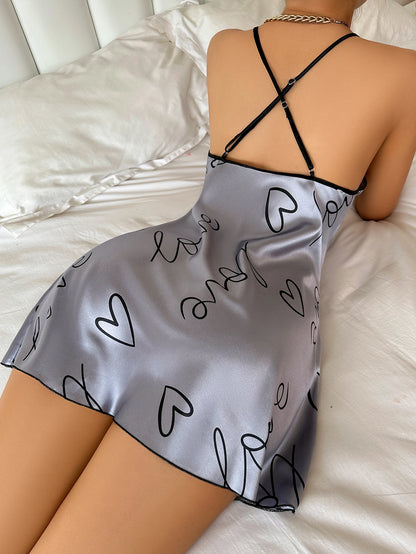 Heart  Letter Print Nightdress  Casual Round Neck Spaghetti Strap Sleep Women's Sleepwear  Dress - The Clothing Company Sydney