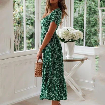 Vintage Print Puff Sleeve Summer Beach Casual Square collar floral maxi long dress - The Clothing Company Sydney
