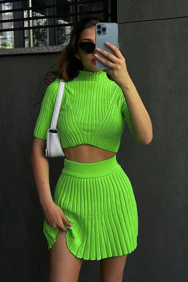 Elegant Knitted Dress Pleated Matching Outfits for Women Winter Mini Skirts 2 Piece Sets - The Clothing Company Sydney
