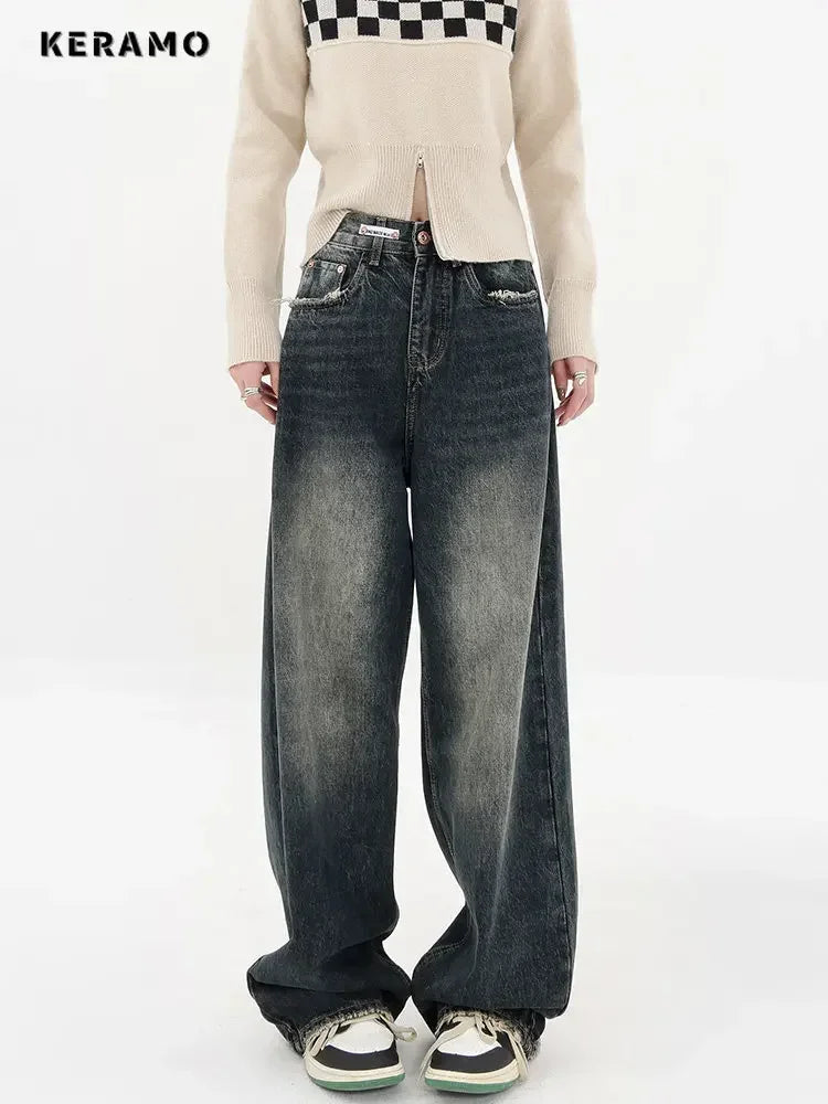 Women's Streetwear Retro High Waist Jeans Loose Wide Leg Denim Trousers Y2K Baggy Pants The Clothing Company Sydney