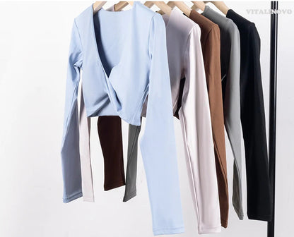 Long Sleeve Gym Crop Tops for Women Twist Deep V Workout Crop T Shirt Top Quick Dry Padded Sports Fitness Yoga Top The Clothing Company Sydney