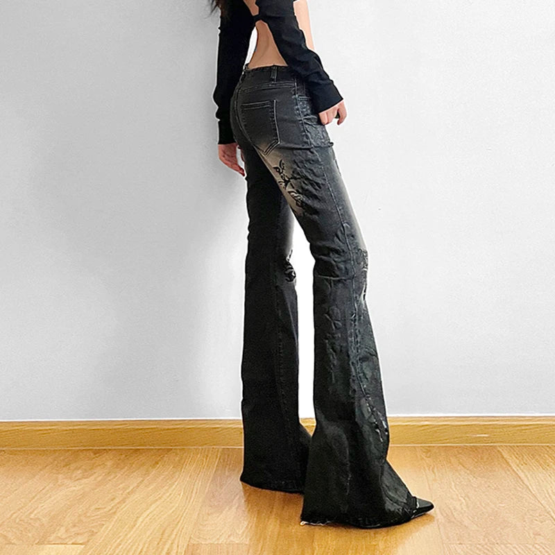 Vintage Floral Skinny Flare Jeans Denim Low Rise Y2K Chic Women's Trousers Distressed Gothic Pants The Clothing Company Sydney