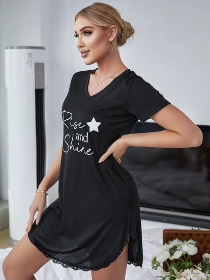 Summer Sleepwear Women Lace Hem Nightdress V-neck Short Sleeve Pajamas Nighties Nightgown Nightwear Side Split Skirt - The Clothing Company Sydney