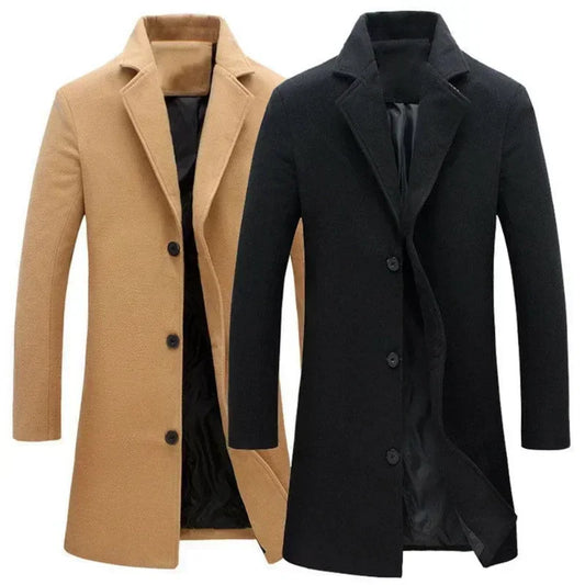Single Breasted Lapel Long Coat Jacket Fashion Autumn Winter Casual Overcoat Plus Size Trench Men's Woolen Coats Solid Color - The Clothing Company Sydney
