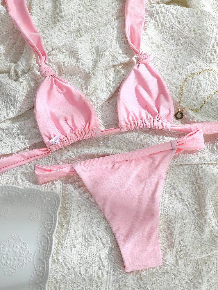 Tie down Bikini for Women Triangle Swimwear Bathing Suit 2 Piece Bikinis Set solid Push Up Swimsuit - The Clothing Company Sydney