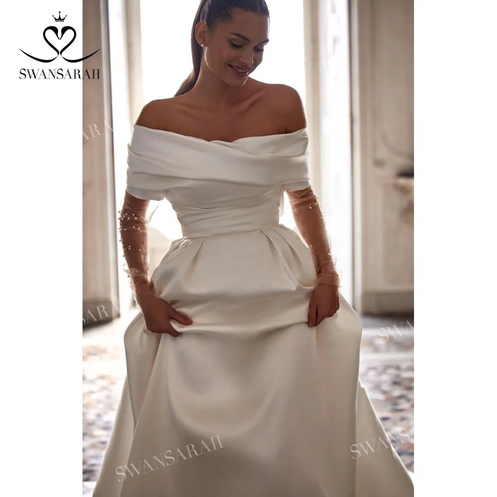 Off the Shoulder A-Line Wedding Dress Long Sleeve Pearl Princess Bride Gown Dress The Clothing Company Sydney
