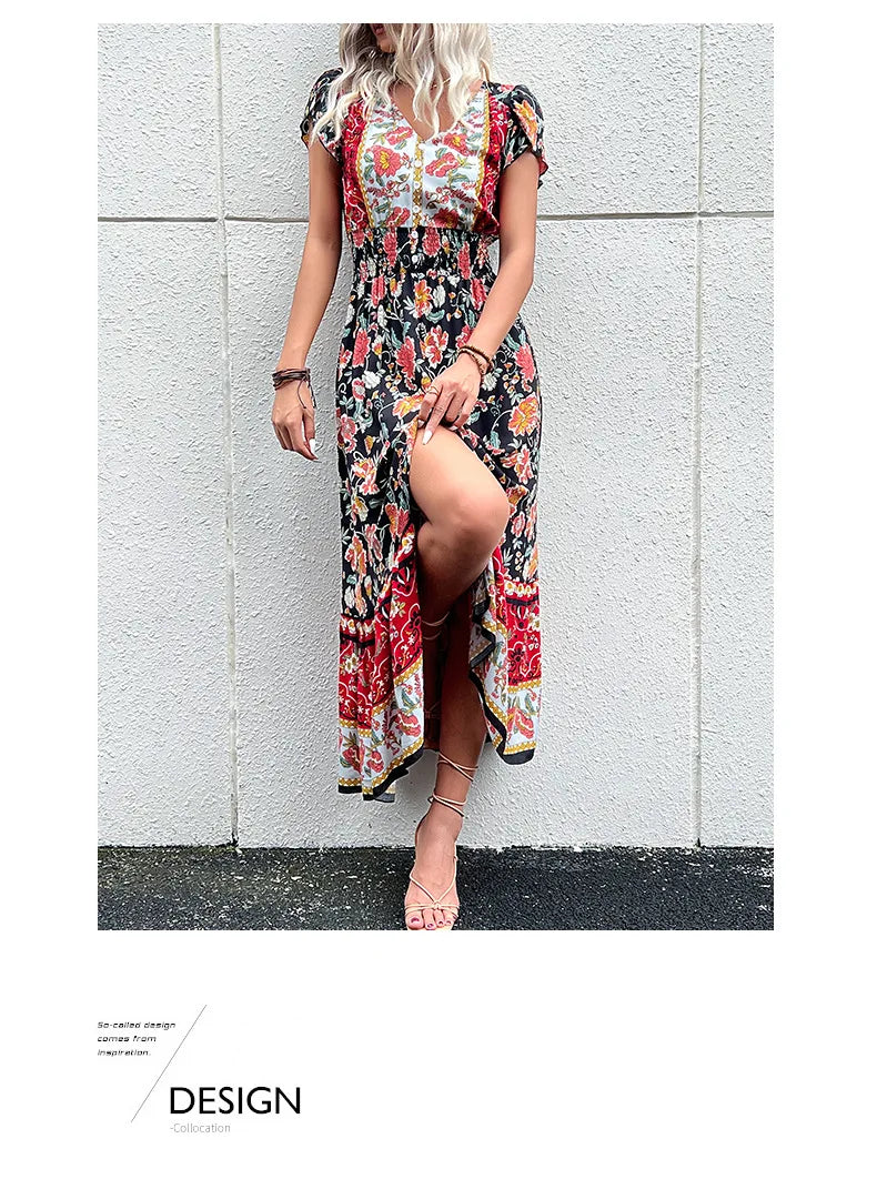 Short Sleeves V Neck Vintage Floral Boho Printed Slit Midi Dresses A Line Bohemian Summer Beach Dress - The Clothing Company Sydney