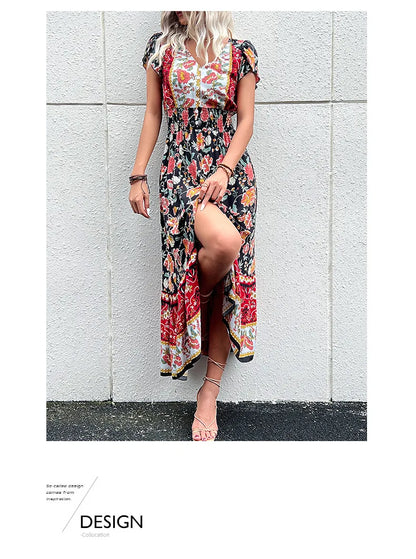 Short Sleeves V Neck Vintage Floral Boho Printed Slit Midi Dresses A Line Bohemian Summer Beach Dress - The Clothing Company Sydney