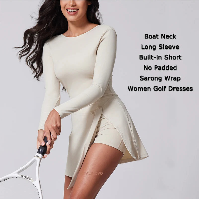 Womens High Neck Tennis Dress Long Sleeve Sarong Wrap Skirt Built in Shorts Golf Athletic Dress - The Clothing Company Sydney