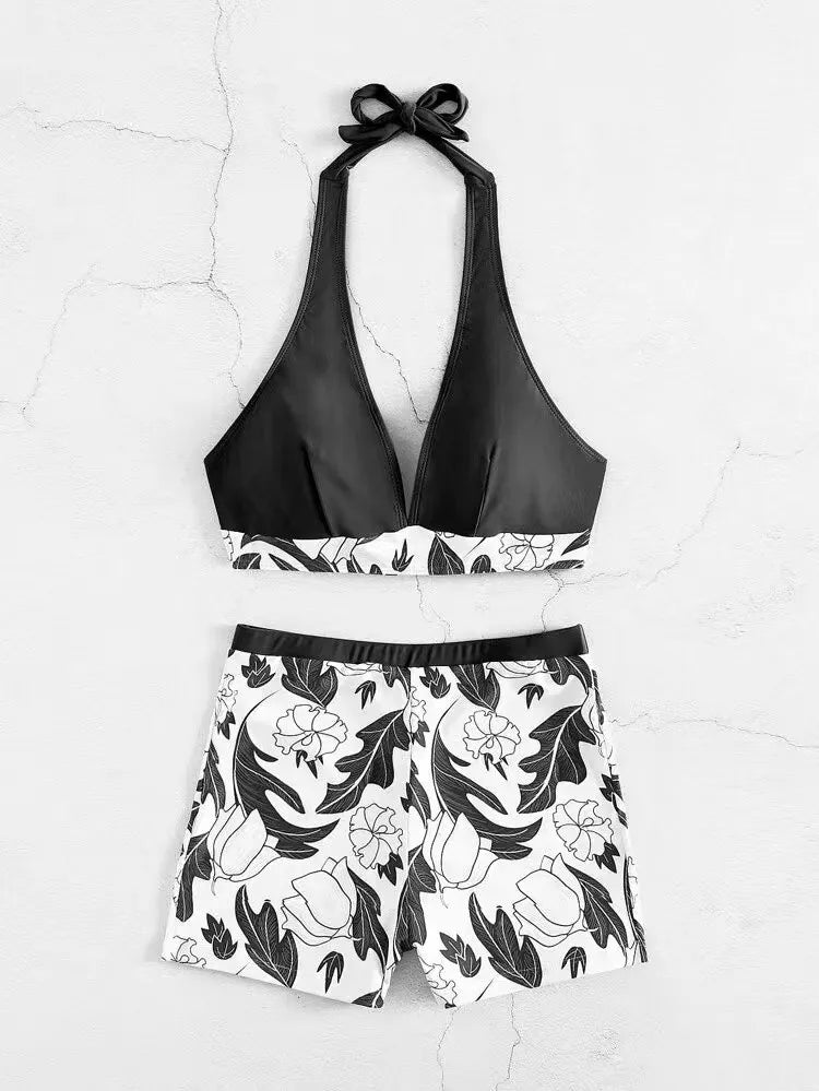 2 Piece Halter Bikini Set Shorts Swimsuit High Waist Swimwear Female Printed Bathers Swimming Bathing Swim Suit Beachwear - The Clothing Company Sydney