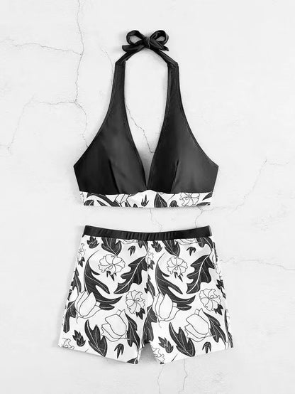 2 Piece Halter Bikini Set Shorts Swimsuit High Waist Swimwear Female Printed Bathers Swimming Bathing Swim Suit Beachwear - The Clothing Company Sydney