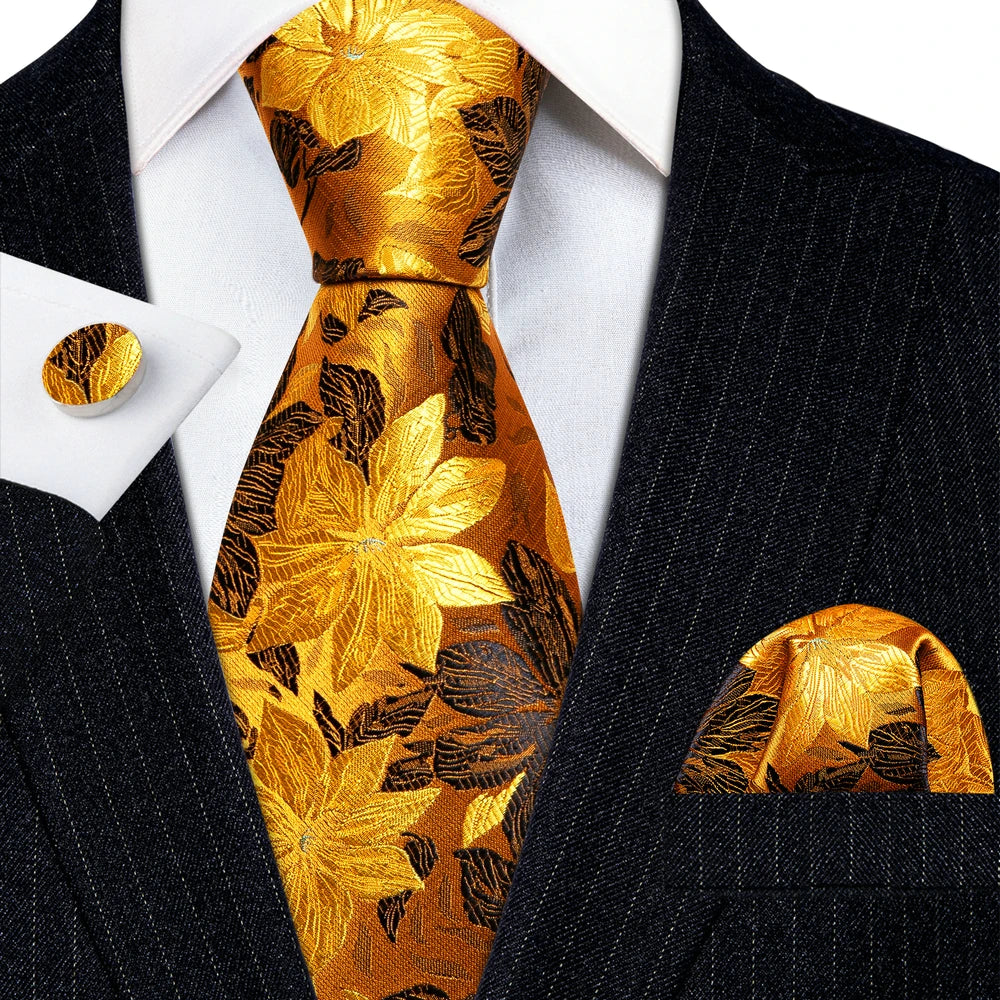 Elegant Men's Gold Leaves Floral Silk Neck Tie Pocket Square Cufflinks Wedding Business Party Gift Set - The Clothing Company Sydney