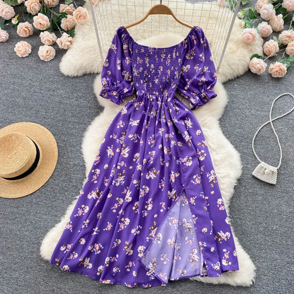 Women's Fashion Romantic Floral Print Split Long Summer Dress Puff Sleeve Party Dress - The Clothing Company Sydney
