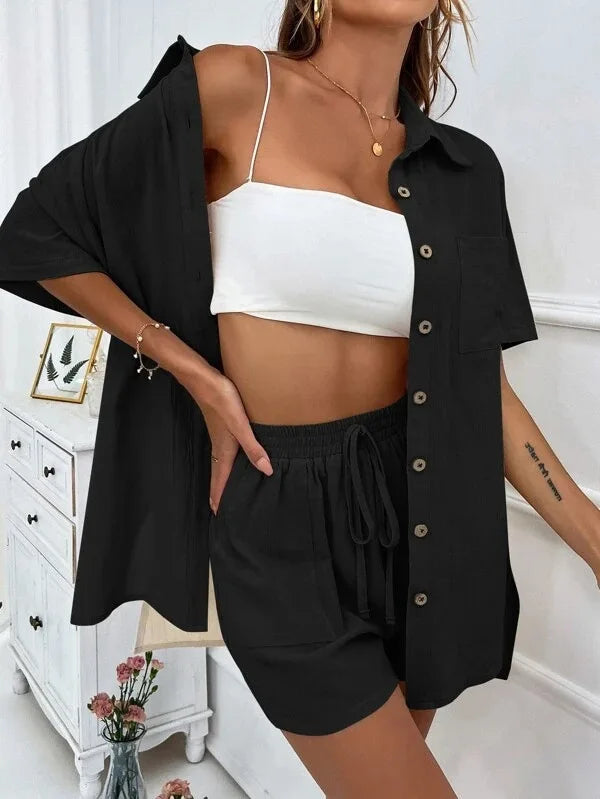 Casual Loose Single-breasted Top And Drawstring Shorts Set Fashion Ladies Suits Summer 2 Piece Set  Matching Outfits - The Clothing Company Sydney