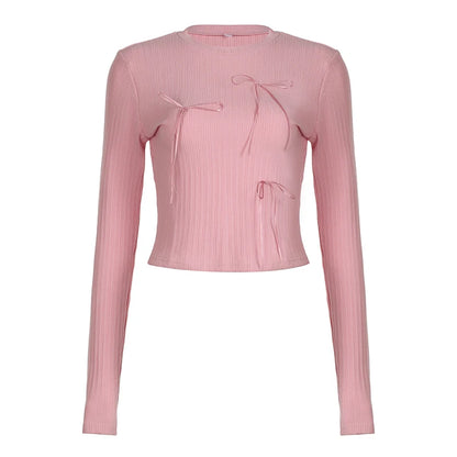 Sweet Bow Knit Spring Top Long Sleeve Pink Bow Women's T Shirts Clothes Basic Outfits - The Clothing Company Sydney