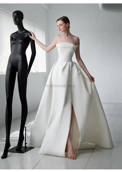 Luxury White Satin Trailing Wedding Dresses Women Elegant Strapless Long Prom Party Bridal Dress - The Clothing Company Sydney