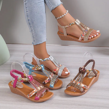 Women's Wedge Summer Shoes Rhinestones Elastic Platform Peep Toe Outdoor Sandals - The Clothing Company Sydney