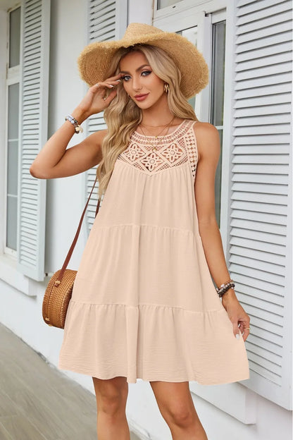Hollow Lace Patchwork Halter Neck Women A Line Dress Summer Casual Solid Color Loose Beach Holiday Sundress - The Clothing Company Sydney
