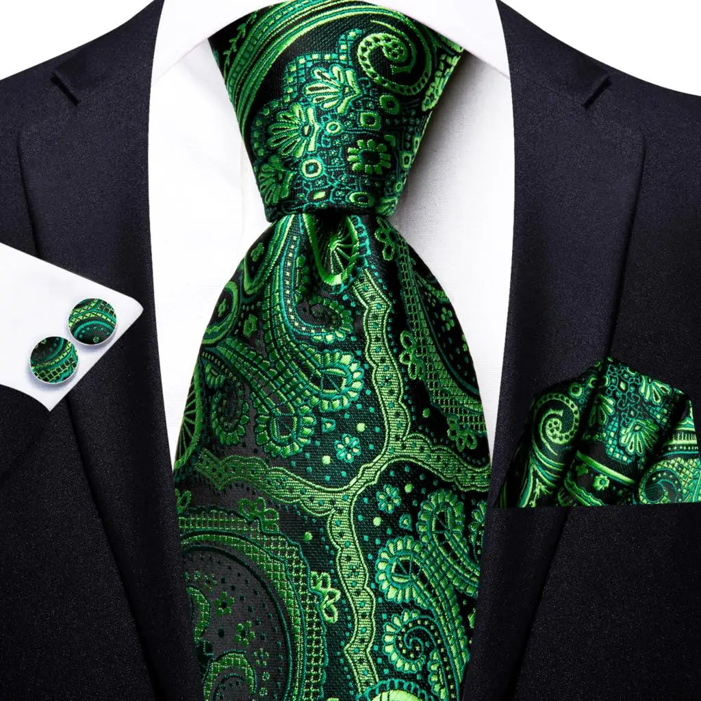 Green Paisley Silk Tie Set for Men – Necktie, Pocket Square & Cufflinks The Clothing Company Sydney