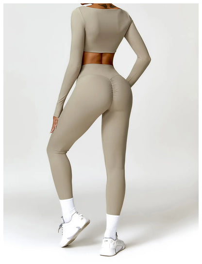 2 Piece Long Sleeve Gym Set Women Yoga Clothes Quick-Drying Sportswear Running Leggings Workout Sports Crop Top Shorts - The Clothing Company Sydney